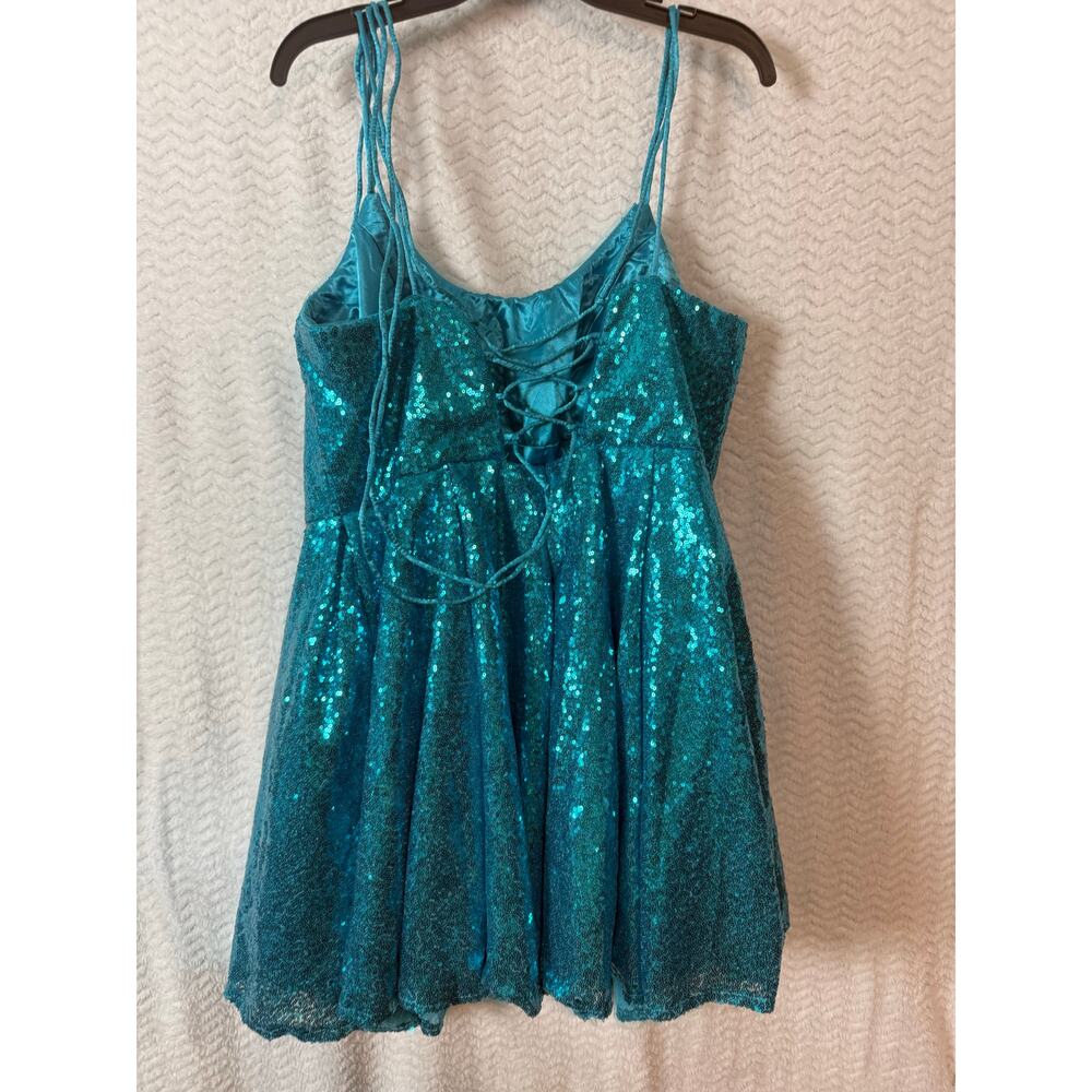 Homecoming Prom Cocktail Dress 14 Turquoise Sequins Spaghetti strap lace up back